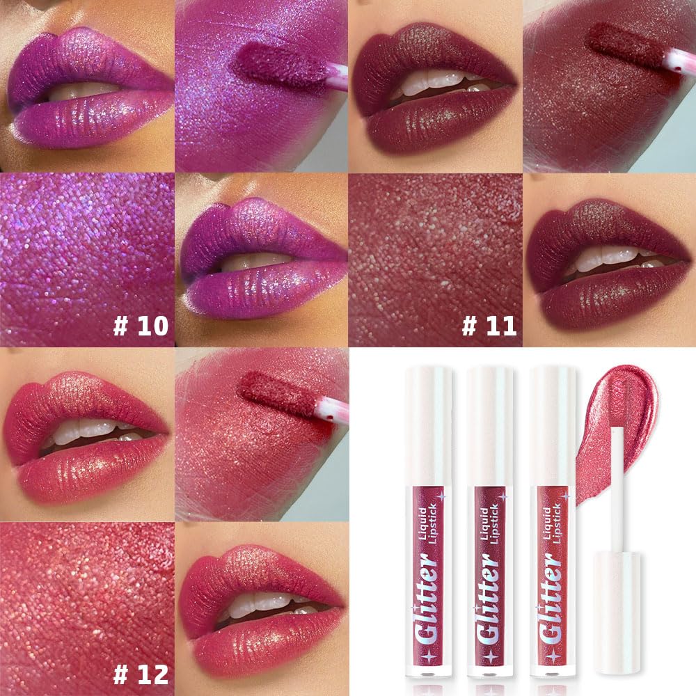 3Pcs Metallic Lipstick for Women,Lightweight Glitter Sparkling Liquid Lipsticks,Shimmer Lip Gloss Stain Long Lasting Waterproof Smudge Proof Non-Drying 24 Hour Full Coverage Lip Makeup,Vegan-BrightBean Baby