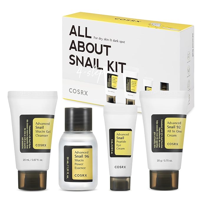 COSRX All About Snail Korean Skincare | TSA Approved Travel Size, Gift Set with Face Gel Cleanser, Essence, Cream & Eye-cream, Repairing, Recovering, Rejuvenating Kit with Snail Mucin, Korean Skincare-BrightBean Baby