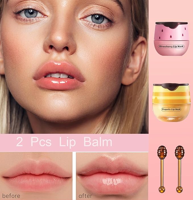 2 PCS Bee Lip Balm Honey Pot, Honey Strawberry Bee Lip Balm Sleeping Lip Mask Overnight with Sticks, Honey Pot Lip Balm Hydrating Exfoliating Prevention Dry and Crack Lip Scrubs-BrightBean Baby