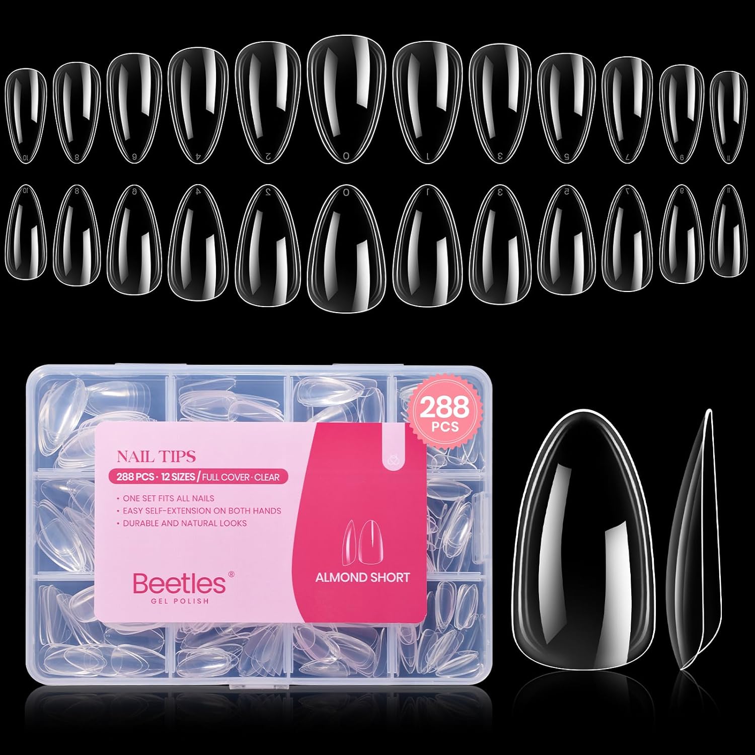 Beetles Gel Short Almond Nail Tips, 288Pcs Pre-Shape Clear Short Almond Gel Press On Nail Fake Nails Easy Nail Extension Full Cover False Nails for Gel Nail Polish Gelly Tips DIY Nail Salon-BrightBean Baby