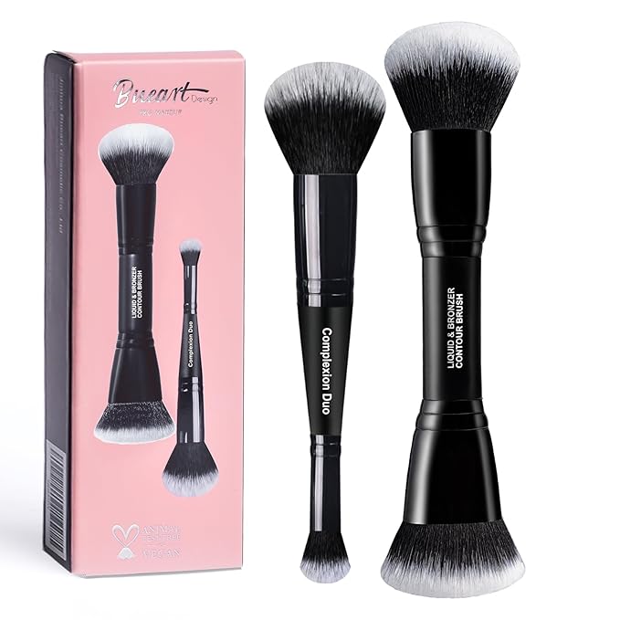 Bueart Design Complexion Duo Brush and Liquid & Bronzer Contour Makeup brushes set with ultra-soft dense hair Double-ended for Foundation Liquid Cream Concealer,Vegan and Cruelty-Free,M18-BrightBean Baby