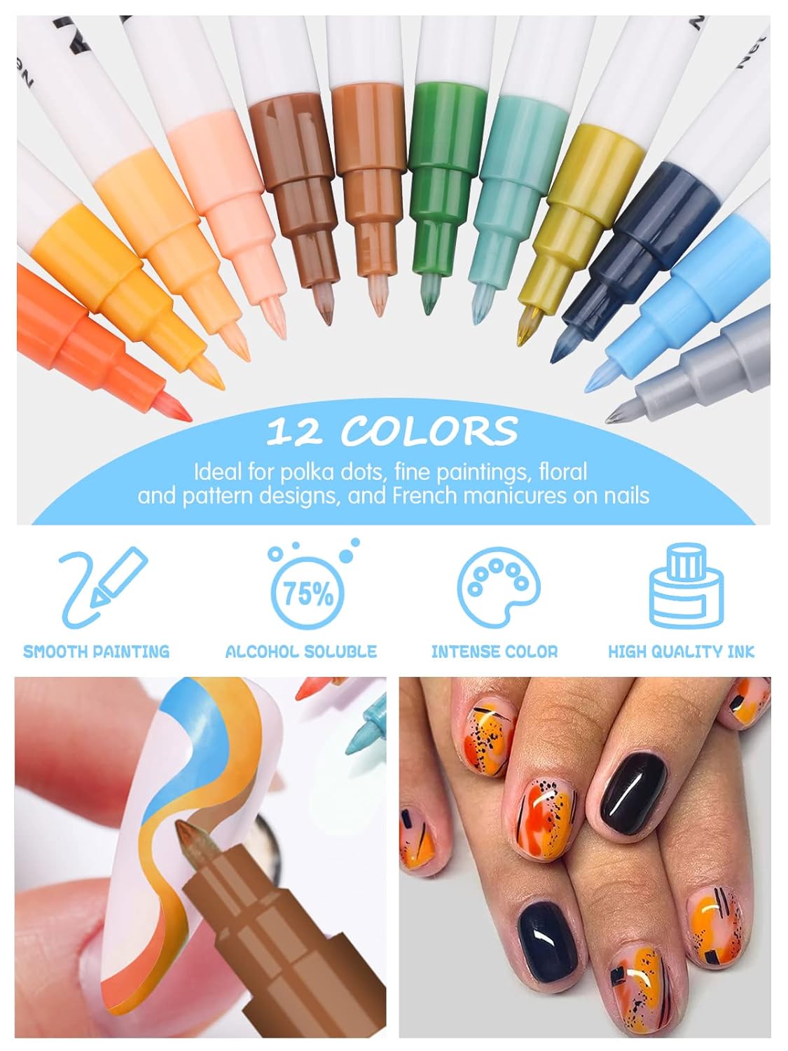 12 Color 3D Nail Art Pens Set, Kalolary Nail Point Graffiti Dotting Pen Drawing Painting Liner Brush for DIY Nail Art Beauty Adorn Manicure Tools(B)-BrightBean Baby