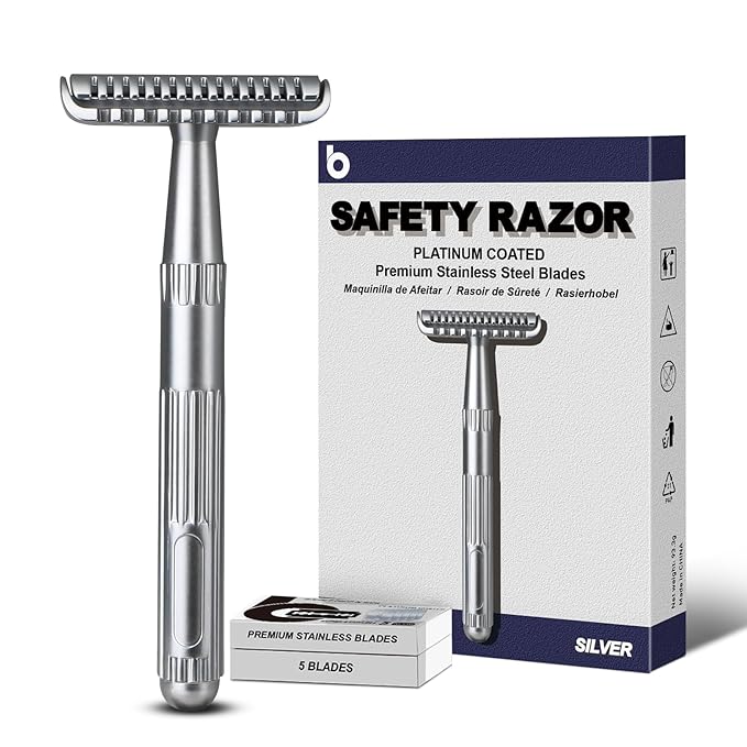 Matte Silver Double Edge Safety Razor, Single Blade Razors for Men and Women, with 10 Stainless Steel Safety Razor Blades, Reusable, Smooth and Close Wet Shaving Kit, Plastic Free-BrightBean Baby