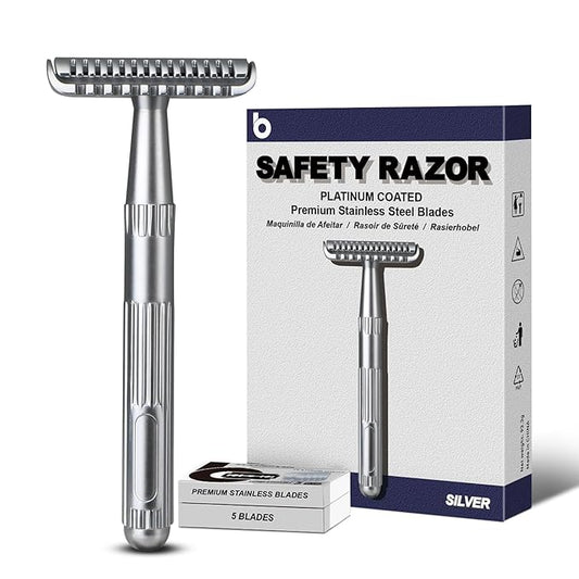 Matte Silver Double Edge Safety Razor, Single Blade Razors for Men and Women, with 10 Stainless Steel Safety Razor Blades, Reusable, Smooth and Close Wet Shaving Kit, Plastic Free-BrightBean Baby