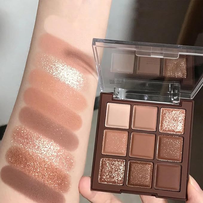 Erinde 9 Colors Eyeshadow Palette, Matte Shimmer Glitter Eye Shadow Palette Makeup, Highly Pigmented Long Lasting Waterproof, Natural Neutral Nude Eyeshadow Makeup Pallet, Chocolate Brown-BrightBean Baby