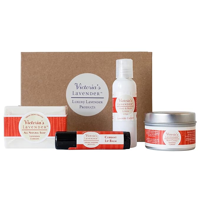 Victoria's Lavender Natural Body Products Gift Set - Handmade Soap, Hand & Body Lotion, Lip Balm, Body Candle Skin Care Sets & Kits, Lavender Bath and Body Products for Women, Lavender Currant-BrightBean Baby