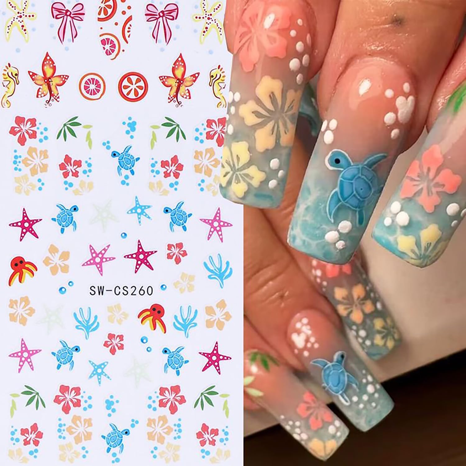 6 Sheets Marine Life Nail Art Stickers 3D Self-Adhesive Starfish Turtle Nails Sticker Flower Nail Art Decals Holographic Bow Nails Decal Decoration for Women Floral Manicure DIY Nail Supplies-BrightBean Baby