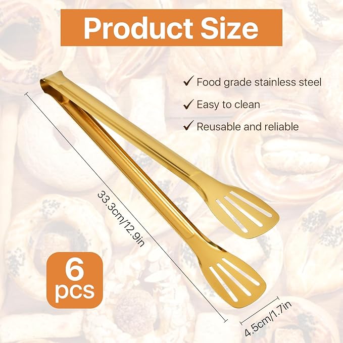 6 Pack Gold Serving Tongs, 12.9 Inch Stainless Steel Salad Tongs, Food Tong Serving Utensils for Cooking Buffet Wedding Party Catering