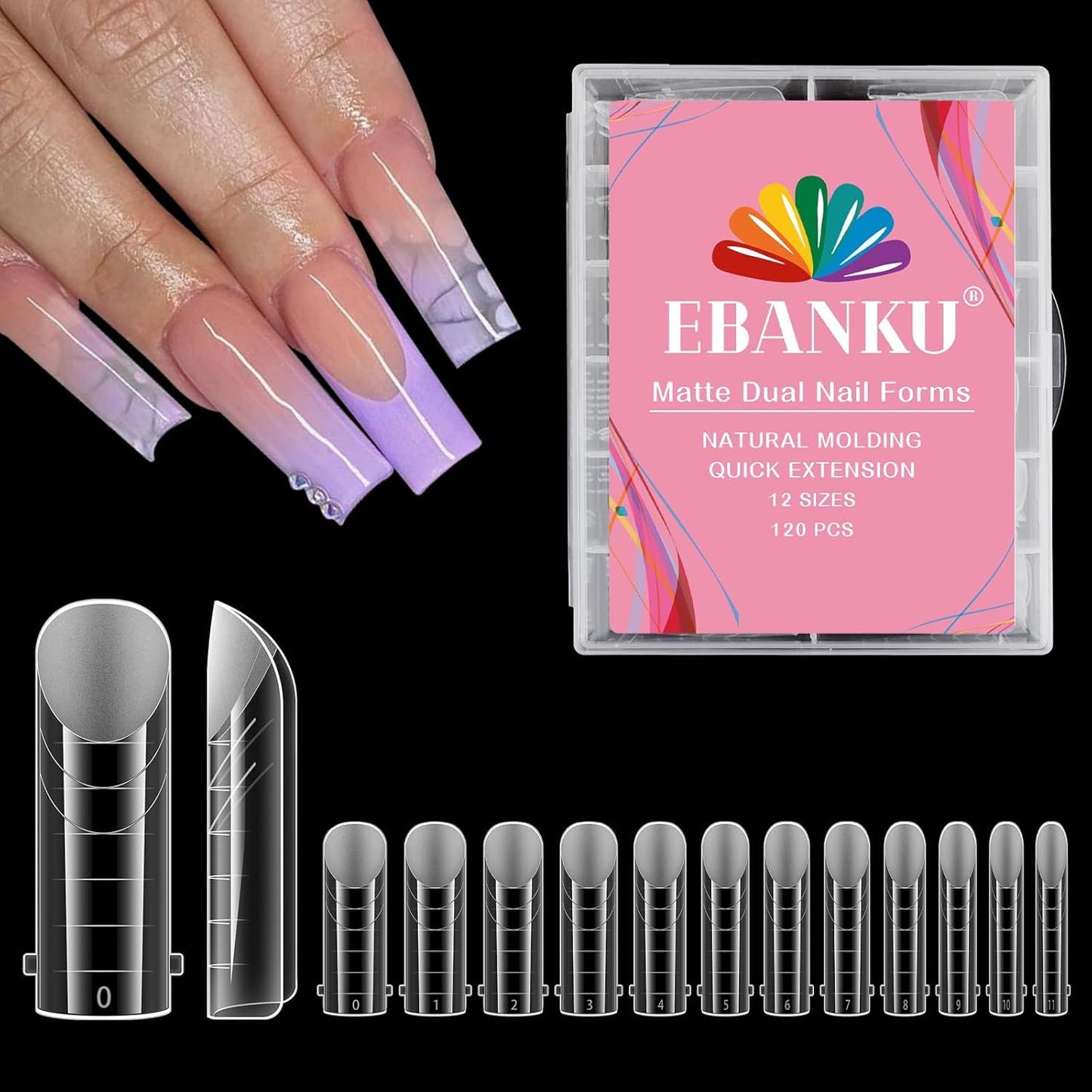 EBANKU Poly Gel Nail Forms, 120Pcs Coffin Matte Dual Nail Forms Clear Nail Molds Square Full Cover Nail Tips for Nail Extension Nail Art DIY 12 Sizes-BrightBean Baby