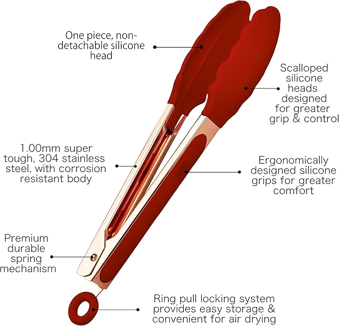 COOK WITH COLOR Stainless Steel Silicone Tipped Kitchen & BBQ Tongs Set, 2 Pc Tongs, Red