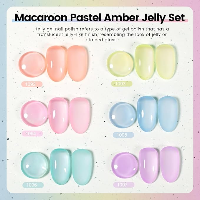 RARJSM Pastel Stained Glass Gel Nail Polish Set 6pcs Clear Orange Yellow Blue Pink Purple Crytal Transparent Jelly Series Sheer Amber Gel Varnish LED UV Curing Requires Spring Easter French Manicure-BrightBean Baby