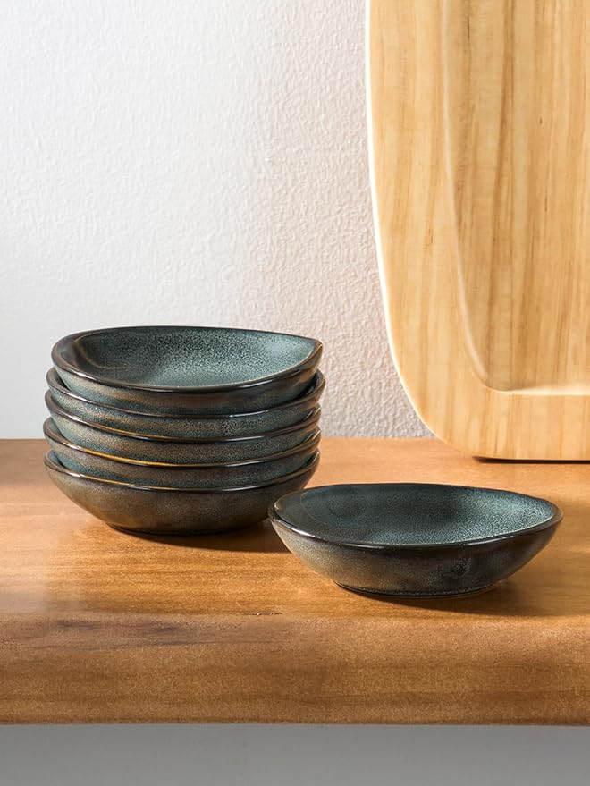 famiware Ocean Soy Sauce Dishes of 6, Oval Dipping Sauce Cups/Bowls/Dishes for Kitchen, 2.1oz Ceramic Small Bowls for Side Dish, Appetizers, Snacks, and Sushi, Reactive Glaze, Deep Forest