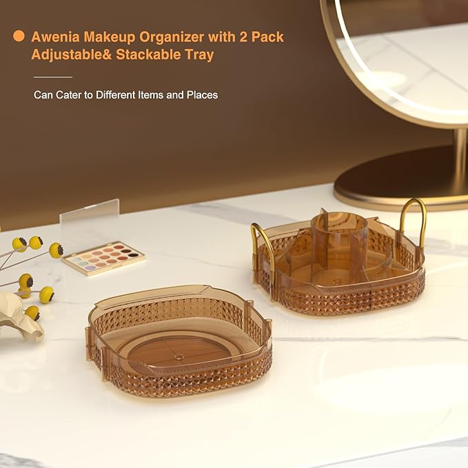 Awenia Rotating Makeup Organizer 360, Stackable Adjustable Large Capacity Cosmetic Storage Unit,Dresser Bathroom Kitchen Countertop Organizer with Metal Handle, Plus Size (Honorable Gold, 2 Tier)-BrightBean Baby