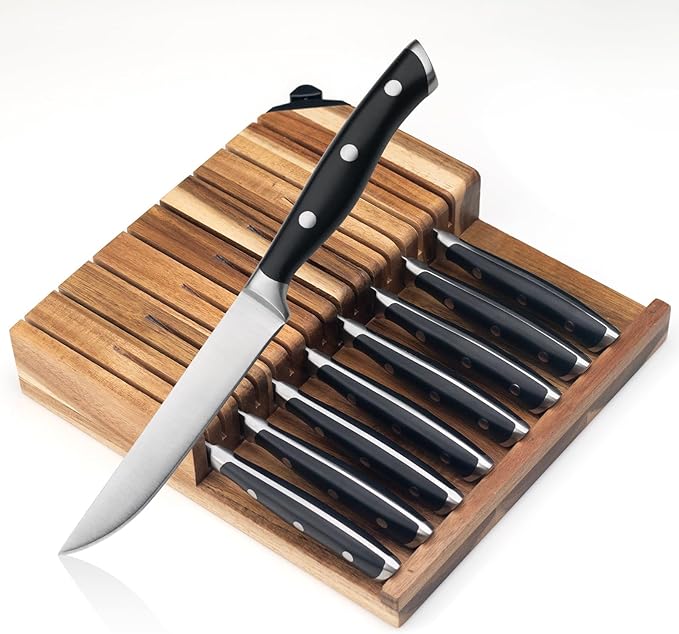 Alata 8-Piece Steak Knives Set with Acacia Block Built-in Sharpener, 4.7 Inch Non Serrated Razor-Sharp Dinner Knives, Full-Tang Construction, Dishwasher Safe