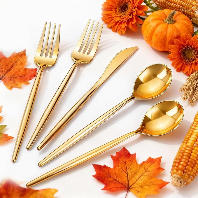 Rubtlamp 90Pcs Gold Plastic Silverware, Gold Disposable Thanksgiving Utensils, Plastic Cutlery Include 30 Plastic Knives, 60 Forks and Spoons, Fancy Plastic Silverware Heavy Duty for Thanksgiving