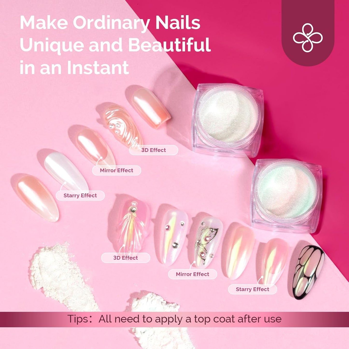 MelodySusie 2Pcs Chrome Nail Powder for Gel Nails, Pearl and Aurora Powder Mirror Effect Pigment Pearlescent Mermaid Pigment Pearl Glitter for Home DIY Salon Use-BrightBean Baby