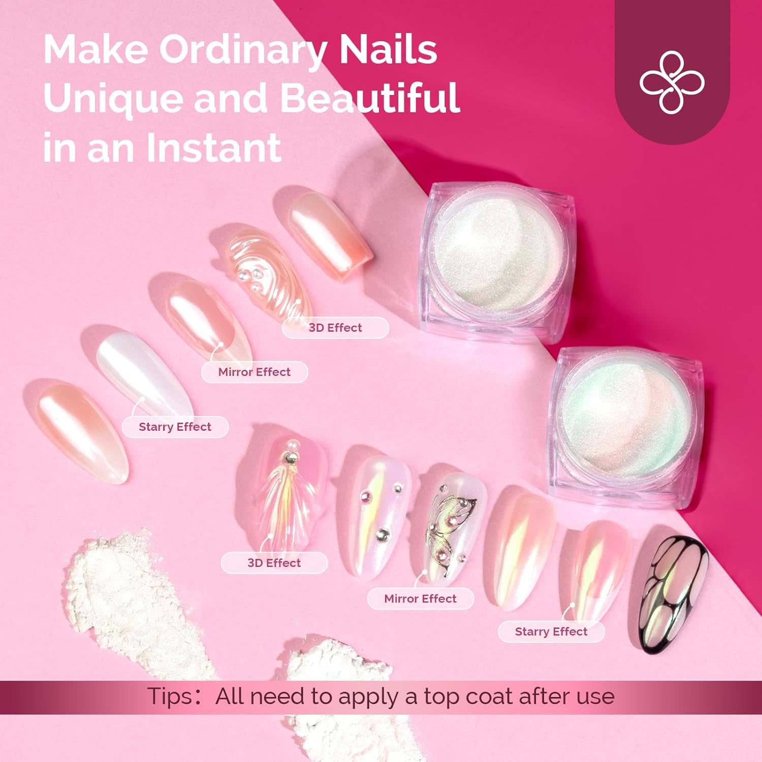 MelodySusie 2Pcs Chrome Nail Powder for Gel Nails, Pearl and Aurora Powder Mirror Effect Pigment Pearlescent Mermaid Pigment Pearl Glitter for Home DIY Salon Use-BrightBean Baby