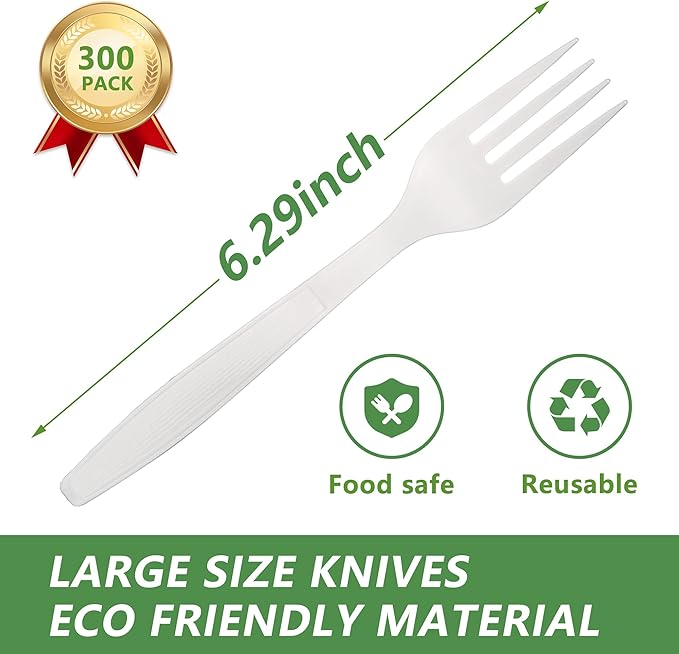 Compostable Forks,300 Disposable Forks for Party,Large Biodegradable Forks Eco Friendly Durable and Heat Resistant,Alternative to Plastic Forks