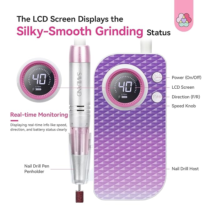 SAVILAND Essentials Electric Nail Drill: 40000RPM High-Torque Nail File Quick Removal for Acrylic Nails Easy Operation Portable Nail Drill for Beginner Home DIY Nail Art Manicure Pedicure-BrightBean Baby