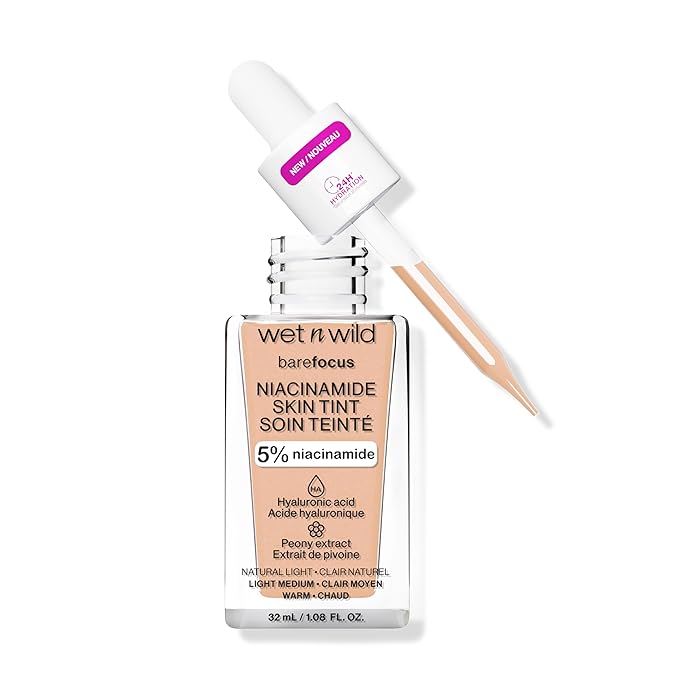 wet n wild Bare Focus Skin Tint, 5% Niacinamide Enriched, Buildable Sheer Lightweight Coverage, Natural Radiant Finish, Hyaluronic & Vitamin Hydration Boost, Cruelty-Free & Vegan - Light-BrightBean Baby
