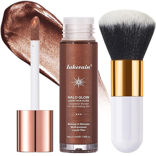Natural Glow Liquid Filter Makeup, Longwear Face Luminizer, Complexion Booster For Any Part of the Body, Liquid Highlighter with Brush Kit, Infused Hyaluronic Acid, 1.06 fl oz (#08 RICH)-BrightBean Baby