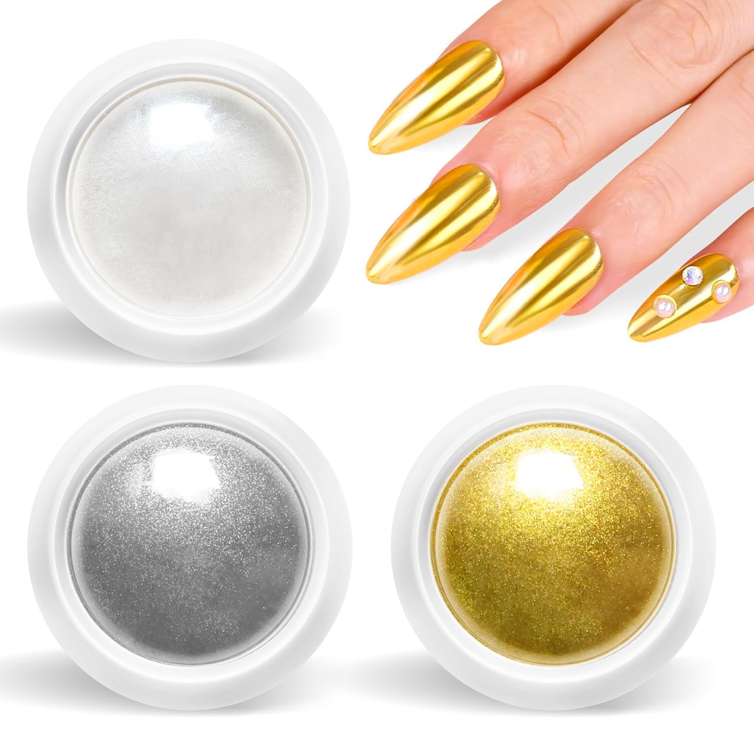 Gold Chrome Nail Powder BISHENGYF -【Magic Mirror Effect】 Pearl Chrome Nail Powder White Clear Aurora Mermaid Iridescent Silver Nail Chrome Powder Pigment Glitter Dust for Manicure Decroation DIY-BrightBean Baby