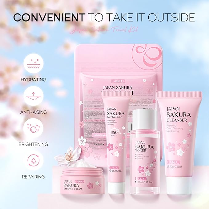 Sakura Travel Skincare Set for Teenage Girls - Face Routine Set for Women,4 Piece Gentle Skin Cleaning & Care Travel Size Kit With Cleanser, Toner, sunscreen and Face Cream-BrightBean Baby