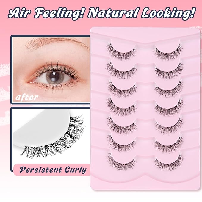Natural Lashes False 11mm Short Eyelashes Wispy C Curl Eye Lashes Pack with Thin Cotton Band Fake Eyelash 3D Volume For Daily Siligli Lash 7 Pair-BrightBean Baby