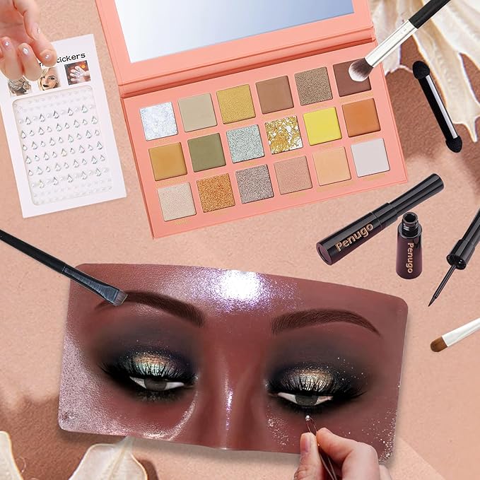 Silicone Makeup Mannequin Face, Makeup Practice Face Board for Makeup Artist Supplies, Mannequin Face for Makeup Practice with Makeup Brushes Rhinestones Sticker(Black)-BrightBean Baby