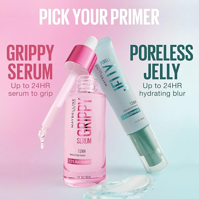 Maybelline Grippy Serum Primer, Hydrating Makeup Primer with 2% Niacinamide For Up To 24HR Make Up Wear, Clear, 1 Count-BrightBean Baby