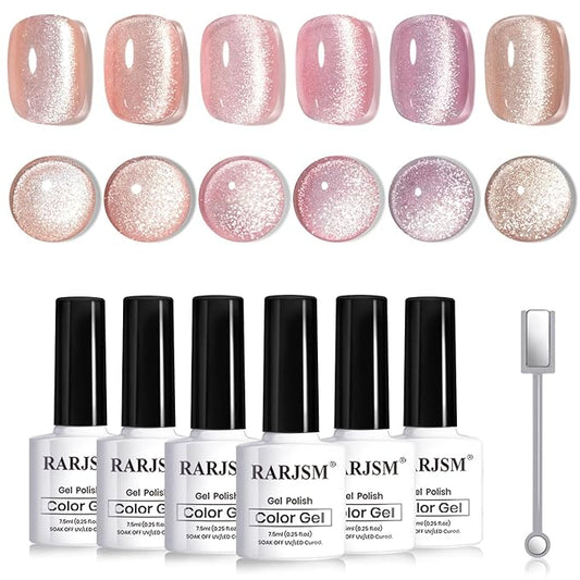 RARJSM Nude Cat Eye Gel Polish Set 6 Pcs Sparkle Diamond Glitter Sheer Purple Soft Pink Chanpagne Gold Velvet Ice Jelly Glass Cateye Gelpolish with Magnet Stick UV LED Curing Requires Home Manicure-BrightBean Baby