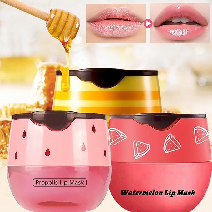 2 PCS Bee Lip Balm Honey Pot, Watermelon & Strawberry Sleeping Lip Mask Overnight, Hydrating Prevention Dry and Cracked Lip Scrub, Reduces Lip Lines, Brightening Lip Color-BrightBean Baby