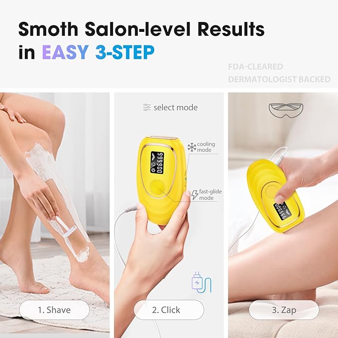 IPL Laser Hair Removal Device for Women & Men - Home 45°F Ice-Cooling Contact for Painless & Long-Lasting Results, 86% Hair Reduction in 3 Weeks for Full Body & Bikini Line, Light Yellow-BrightBean Baby