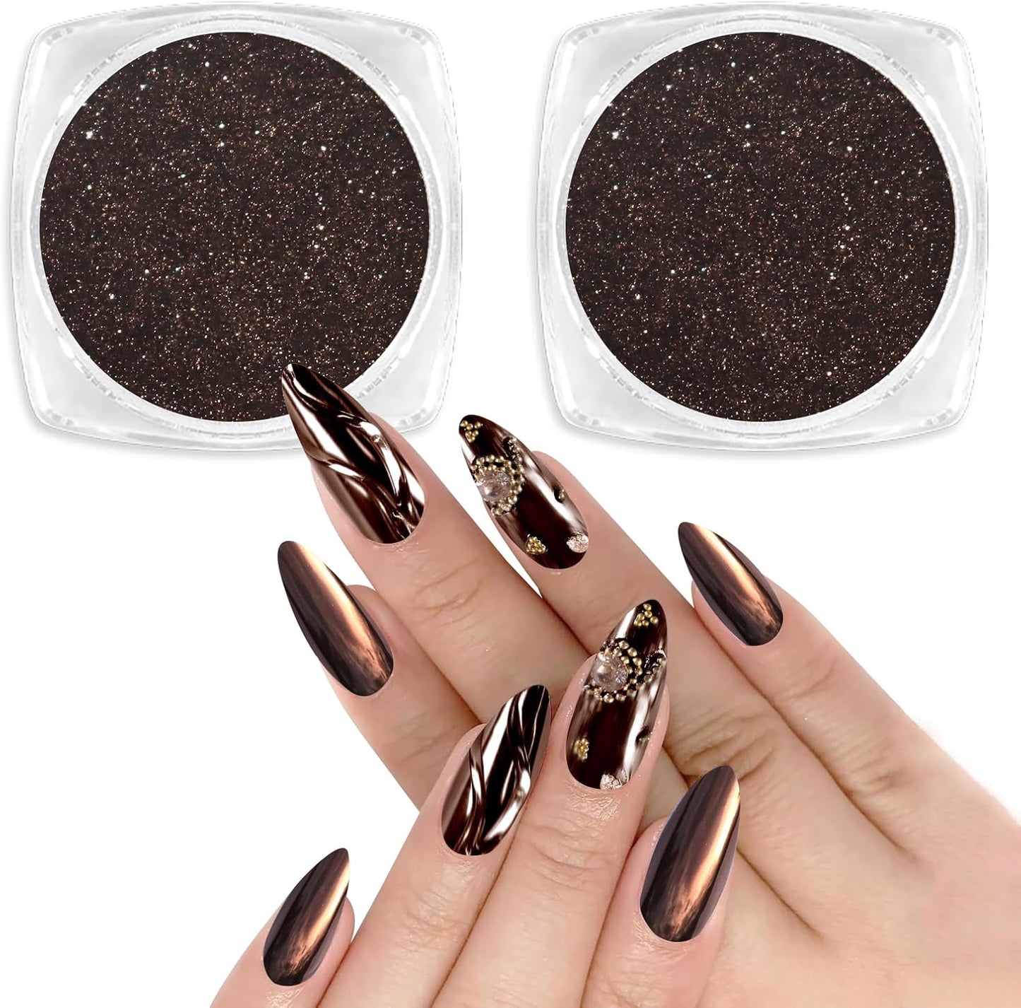 Allstarry Brown Chrome Nail Powder, 2pcs Metallic Mirror Effect Dust Glitter Glazed Manicure Decoration Reflective Pigment for Gel Polish Nail Art Decoration Resin Craft, Festivals - Dark Coffee-BrightBean Baby