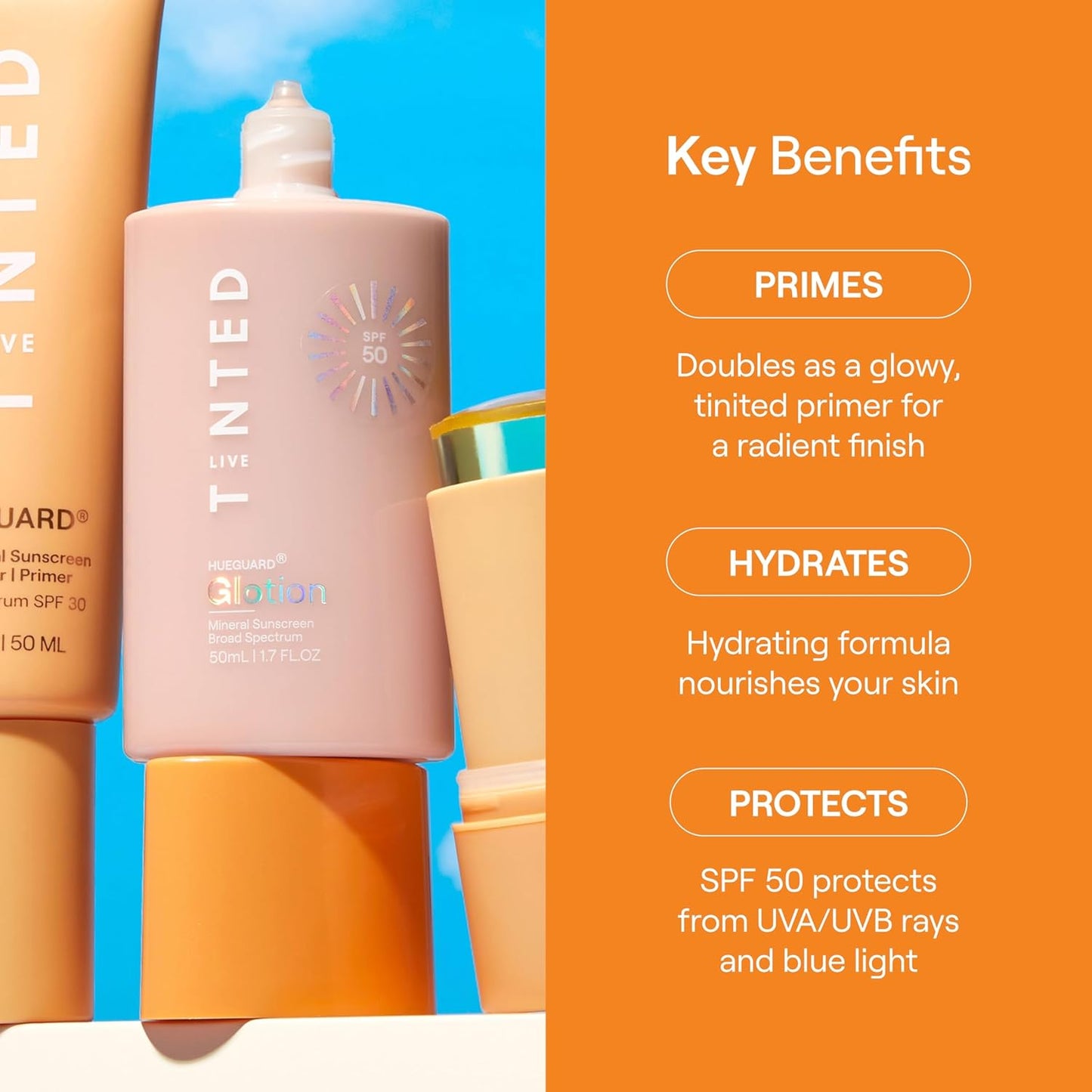 Live Tinted Hueguard Glotion Mineral Tinted Sunscreen For Face SPF 50 – Lightweight Fragrance-Free Sunscreen – Clean & Vegan Primer With SPF - Light Medium .5 FL Oz-BrightBean Baby