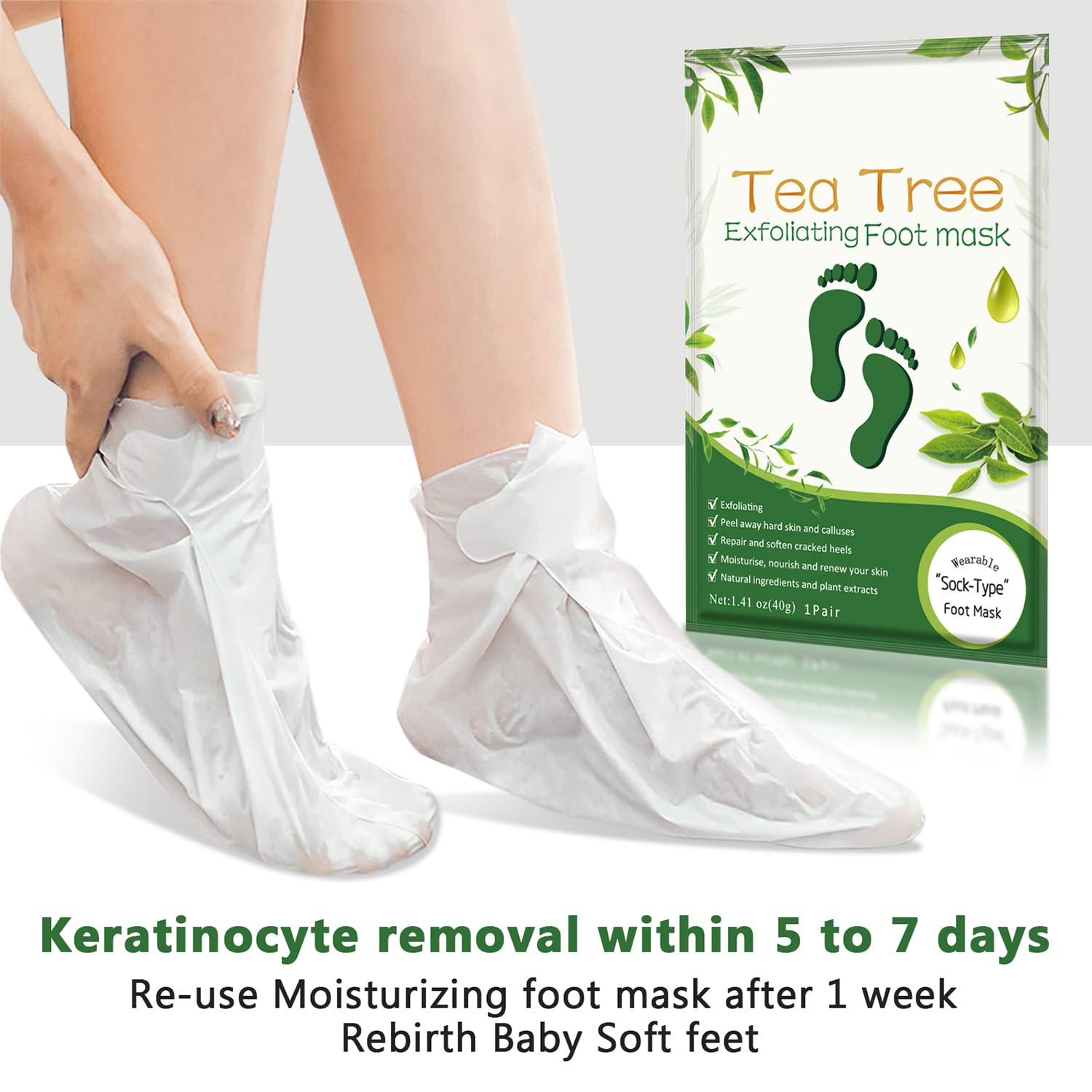 Foot Peeling Mask Moisturizing Socks 5Pairs, Foot Mask Remove Dead Skin, Rough Callus and Cracked Heels, Dry Skin Moisturizer for Soft and Smooth Baby Touch Feet (Tea Tree)-BrightBean Baby