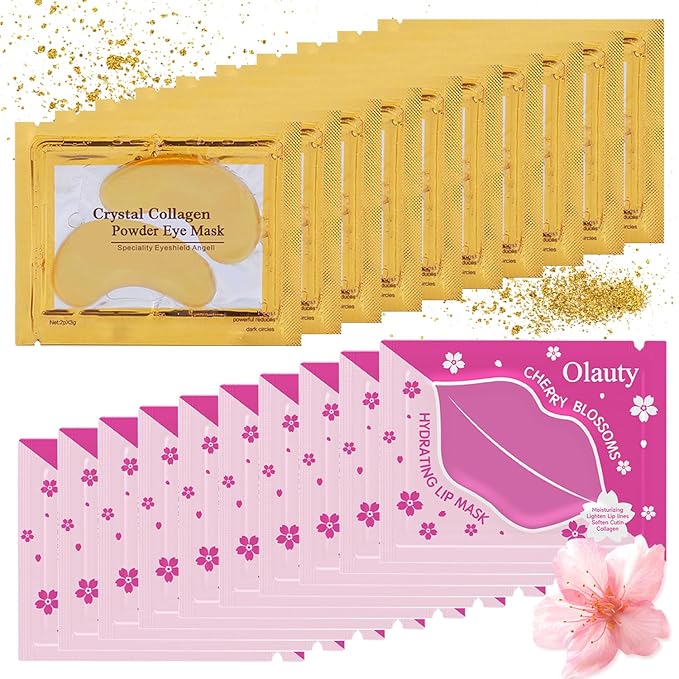 20 Pieces Lip Masks&24K Gold Under Eye Masks,Crystal Collagen Gel Eye Masks,Moisturizing Cherry Blossom Lip Patches Skin Care,Reducing Fine Lines & Dark Circle for Puffy Eyes,Birthday for Women-BrightBean Baby