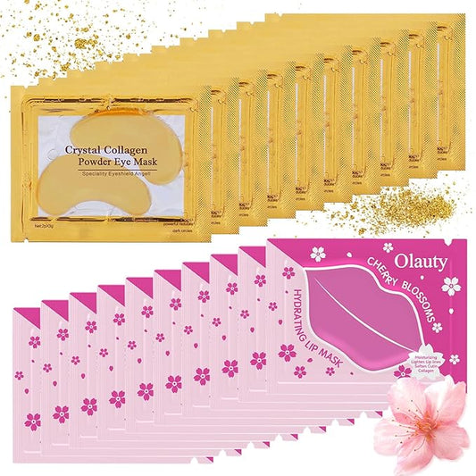 20 Pieces Lip Masks&24K Gold Under Eye Masks,Crystal Collagen Gel Eye Masks,Moisturizing Cherry Blossom Lip Patches Skin Care,Reducing Fine Lines & Dark Circle for Puffy Eyes,Birthday for Women-BrightBean Baby