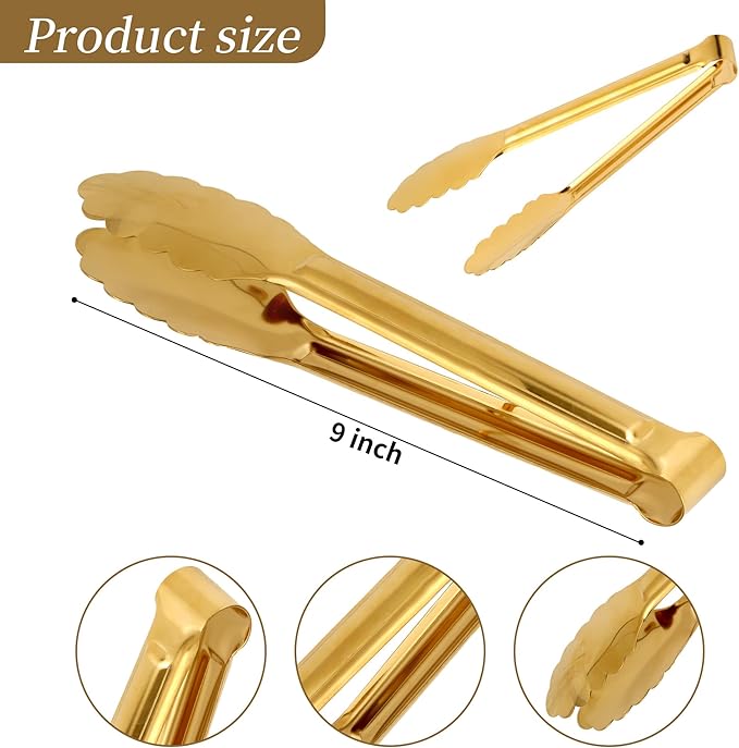 5 Pack Gold Serving Tongs Salad Tongs 9 Inch Buffet Tongs Stainless Steel Food Tong Serving Utensils for Buffet Wedding Party Catering (9 Inch, Gold)
