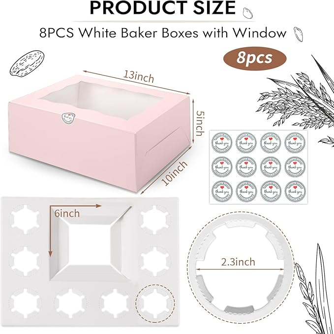 JCD 8 Packs Pink Bento Cake and Cupcake Box 1+8 Bento Box with Clear Window for 4-inch Cake and 8 Cupcakes Packaging Gift Baked Goods for Family Dinner Birthday Party Picnic Gift (Pink 1+8/8Pcs)