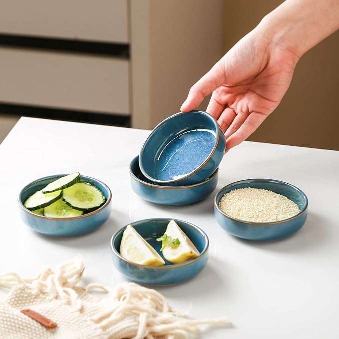 Selamica Ceramic 3.3 Inch Soy Sauce Dish Dipping Bowls Side Dishes Small Appetizer Pinch Bowls for Condiments, Sushi, Ketchup, BBQ-Set of 6(Ceylon Blue)