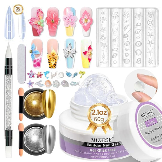 MIZHSE Solid Builder Gel for Nails, Clear 60g 3D Sculpting Gel for Nail Art Non-Sticky Molding Hard Gels UV LED Nail Charm with Gold Chrome Nail Powder and 3D Silicone Flower Mold Kit for DIY Salon-BrightBean Baby