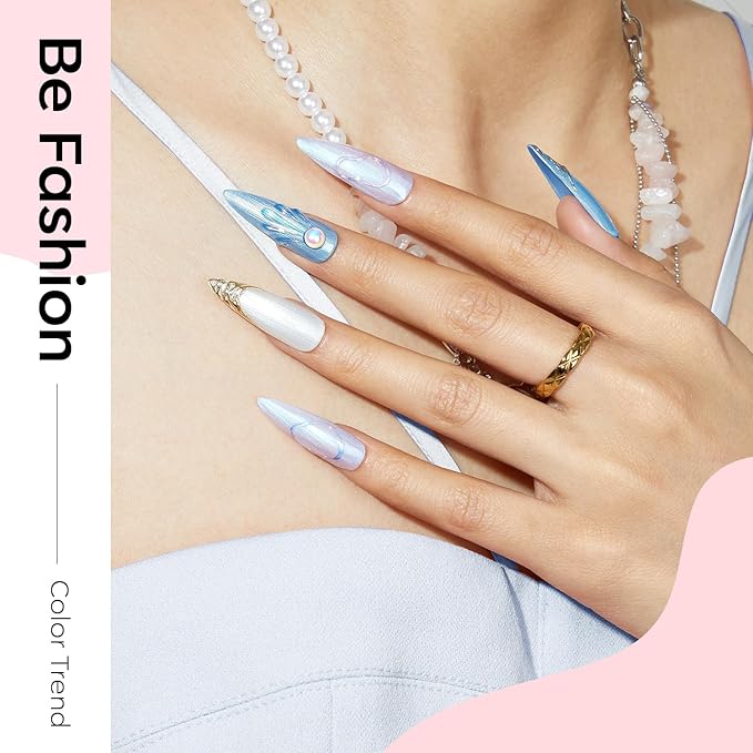 modelones Pearl Gel Nail Polish, 6 Colors Shimmer Glitter Iridescent White Nude Blue Pink Mermaid Nail Drawing Soak Off Gel Polish Swirl Shell Thread Effect Gift DIY at Home with Dotting Pen-BrightBean Baby