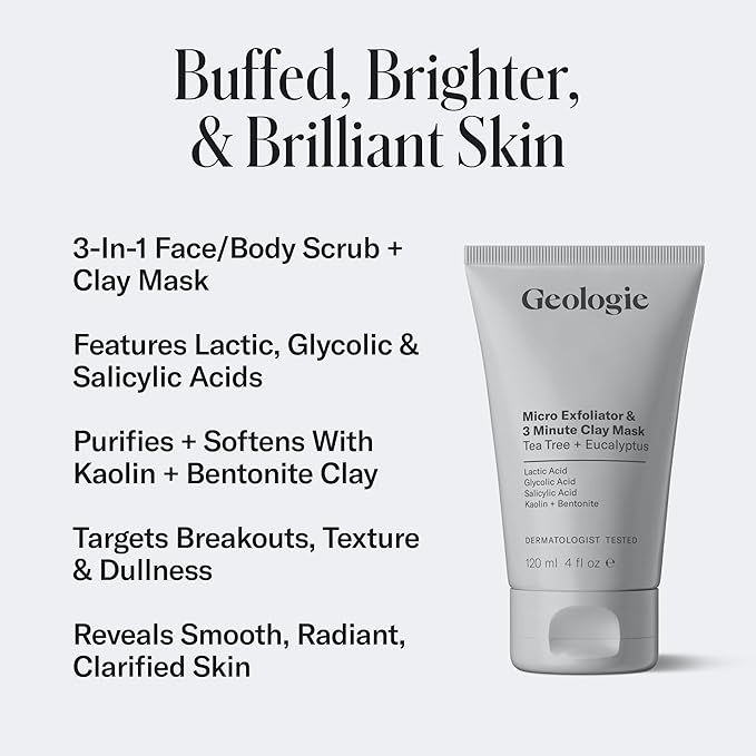 Geologie Micro Exfoliator & Clay Mask | 3-in-1 Deep Cleansing Face Wash, Pore Refining Mask & Skin Exfoliant | Tea Tree & Eucalyptus Scent For Men & Women | 4 fl oz-BrightBean Baby