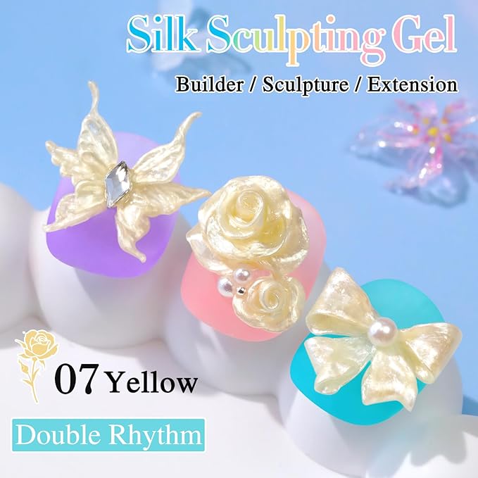 Double Rhythm 3D Nail Gel Pearl Solid Sculpting for Nail Art Non-Sticky Hard for Building Carving Molding Extension Soak Off UV/LED Nail Art Salon Home DIY 0.5 Oz (Yellow-Silk 07)-BrightBean Baby