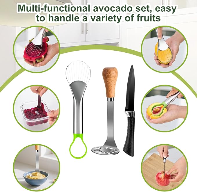 Avocado Slicer Tool,Stainless Steel Avocado Cutter Tool Set,Contains Avocado Knife,Avocado Masher and Fruit Knife,Used for Avacado Cutting and Peeling,is the Essential Masher Kitchen Tool.