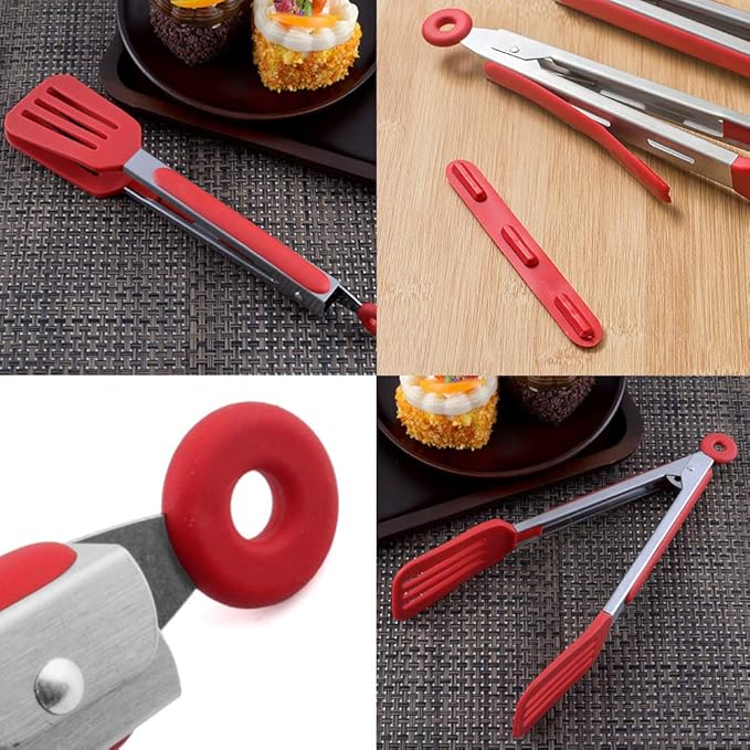 Cooking Tongs 9 inches and 12 inches Stainless Steel Kitchen Silicone Serving Tong Heat Resistant Meat Turner Spatula Tong Fish Tongs with Locking Handle Joint (Red)