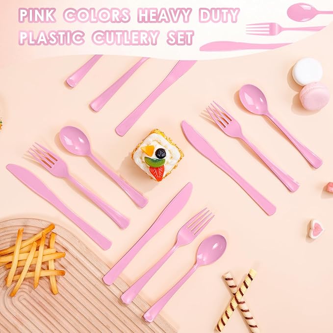 300 Pack Pink Disposable Plastic Silverware Heavy Duty, Plastic Cutlery Set,Forks and Spoons Knives Set for Birthday Party Prom Night, Weddings