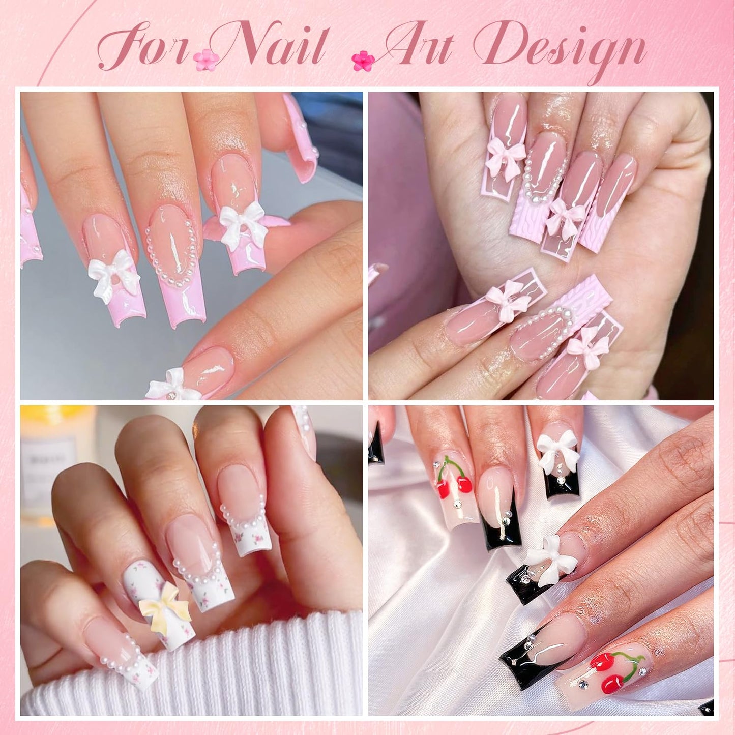 3D Nail Charms and Gems Set 6 with Rhinestone Glue, 75PCS Chunky Coquette Pink & White Bow Nail Charms + Kawaii Cute 3D Flowers for Nails + Clear & AB Glass Crystals + Flat Pearls for Y2K Nail Decor-BrightBean Baby