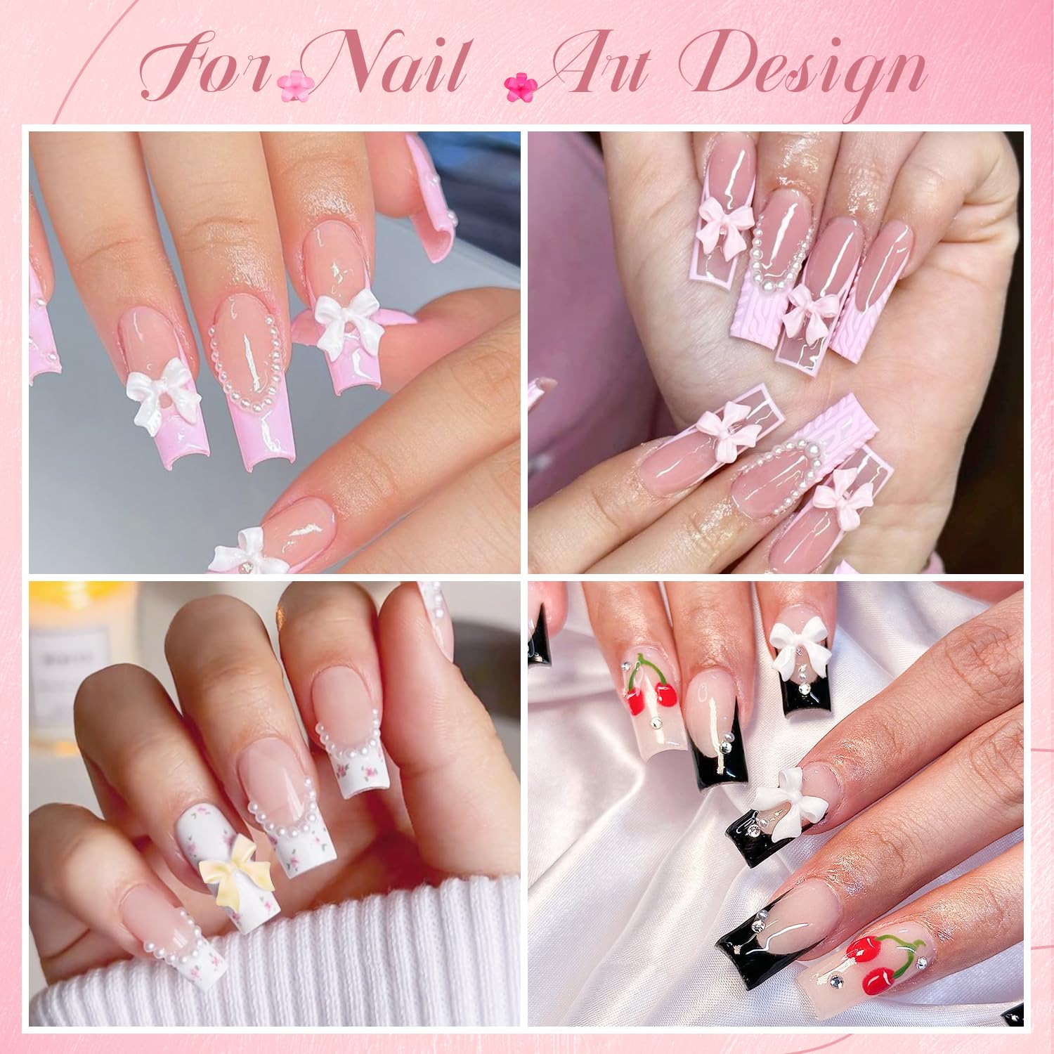 3D Nail Charms and Gems Set 6 with Rhinestone Glue, 75PCS Chunky Coquette Pink & White Bow Nail Charms + Kawaii Cute 3D Flowers for Nails + Clear & AB Glass Crystals + Flat Pearls for Y2K Nail Decor-BrightBean Baby